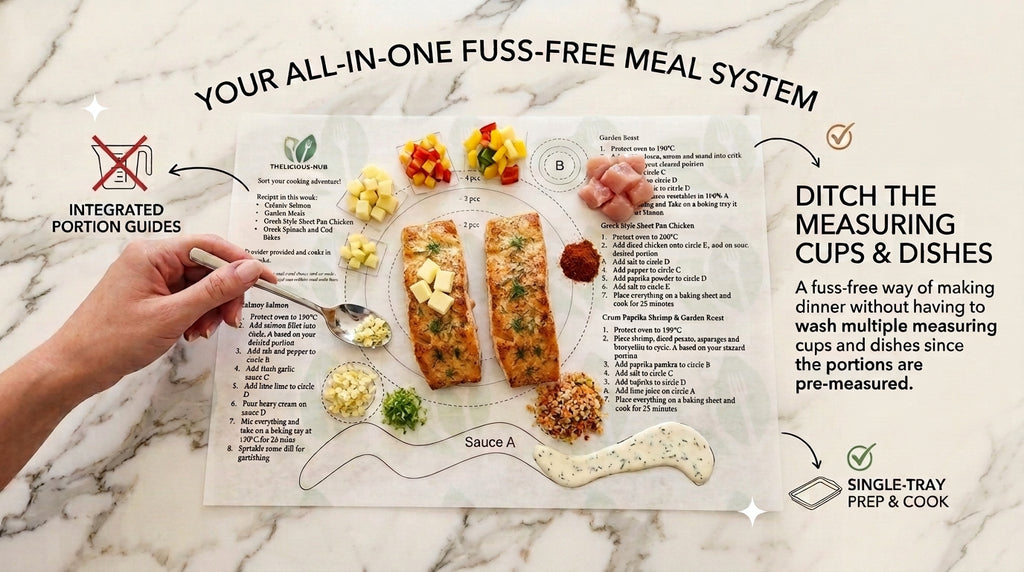Fuss-Free Baking Scroll laid flat showing integrated portion guides, single-tray prep instructions, and multiple recipe options